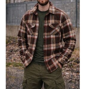 Vintage Men's Plaid Wool Blend Button Up Heavy Shirt Jacket Brown Gorpcore- L